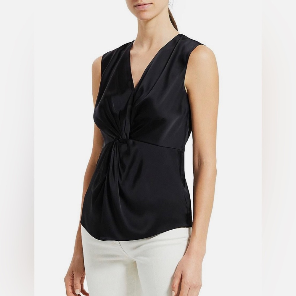 Theory Black Twist Front V-Neck Soft Sleeveless Top Blouse Sz P Classic Vintage